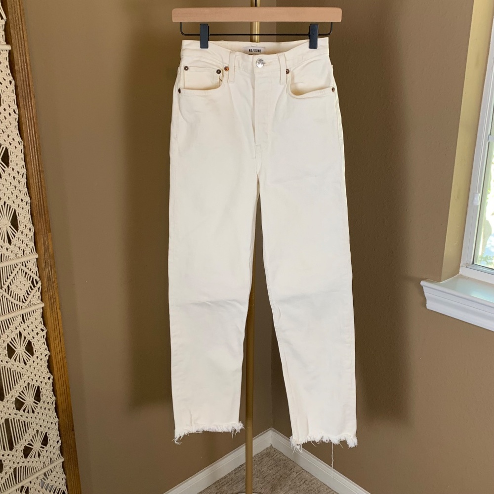 RE/DONE 70s‎ Stove Pipe White Jeans Size 26 High Rise Raw Hem 100% Cotton Denim